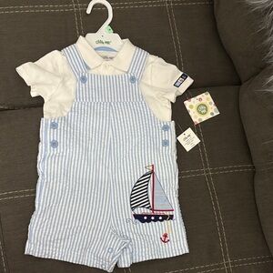 Little Me Blue and White Striped Sailboat Romper